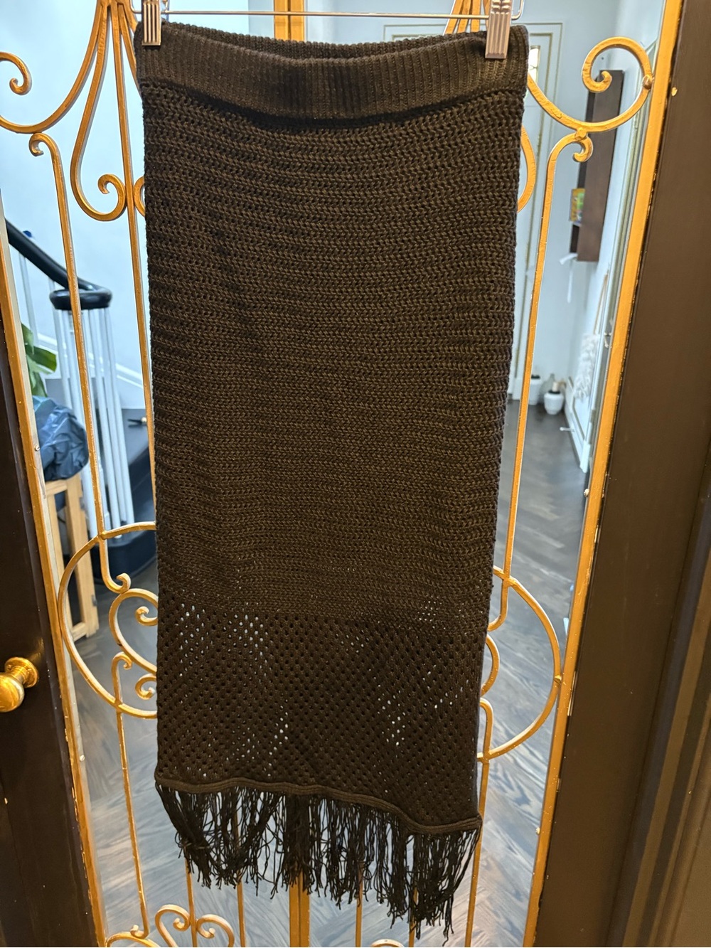 Knit crochet Fringe side  slit Midi Skirt sheer bathing suit cover festival xs